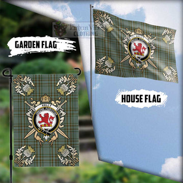 Kelly Tartan Flag with Family Crest and Golden Thistle Crossed Sword Design