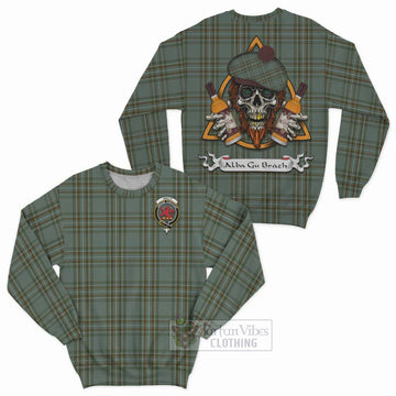 Kelly Tartan Sweatshirt with Family Crest and Bearded Skull Holding Bottles of Whiskey