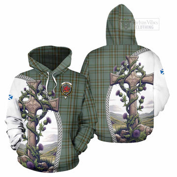 Kelly Tartan Hoodie with Family Crest and St. Andrew's Cross Accented by Thistle Vines