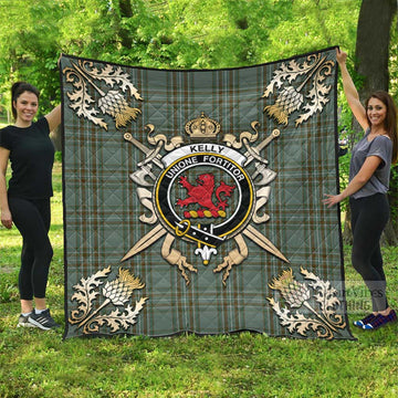 Kelly Tartan Quilt with Family Crest and Scottish Golden Courage Shield