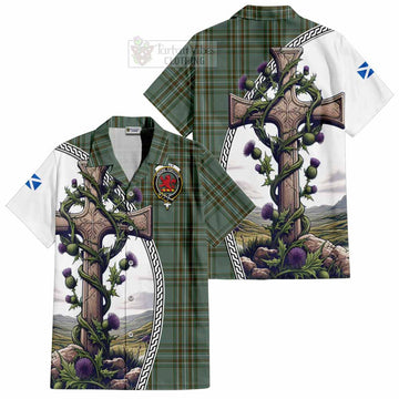 Kelly Tartan Hawaiian Shirt with Family Crest and St. Andrew's Cross Accented by Thistle Vines Kid - Tartan Vibes Clothing