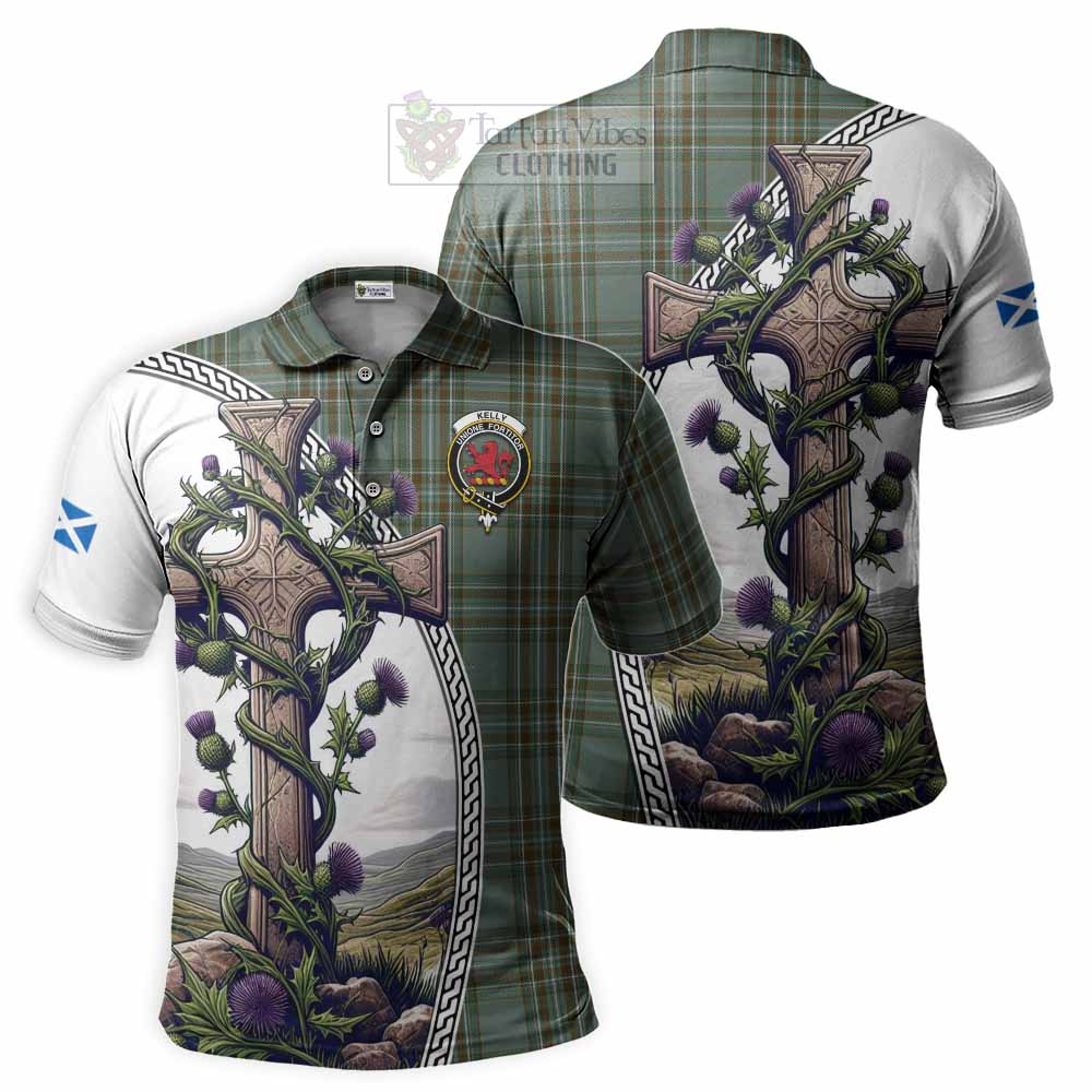 Tartan Vibes Clothing Kelly Tartan Polo Shirt with Family Crest and St. Andrew's Cross Accented by Thistle Vines