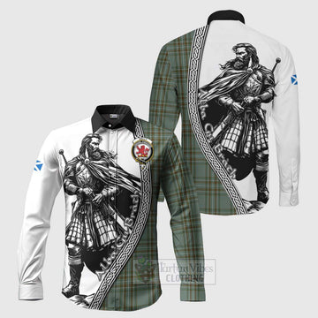 Kelly Tartan Clan Crest Long Sleeve Button Shirt with Highlander Warrior Celtic Style