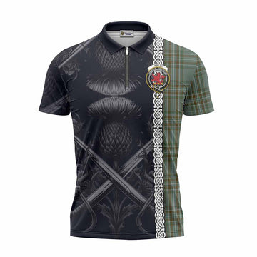 Kelly Tartan Zipper Polo Shirt with Family Crest Cross Sword Thistle Celtic Vibes Unisex - Tartan Vibes Clothing