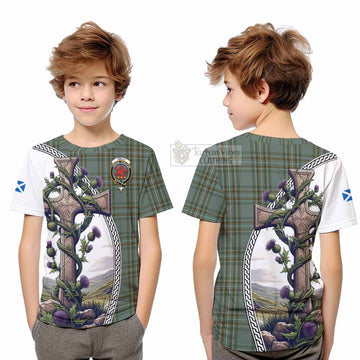 Kelly Tartan Kid T-Shirt with Family Crest and St. Andrew's Cross Accented by Thistle Vines