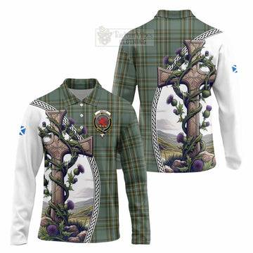 Kelly Tartan Long Sleeve Polo Shirt with Family Crest and St. Andrew's Cross Accented by Thistle Vines Unisex - Tartan Vibes Clothing