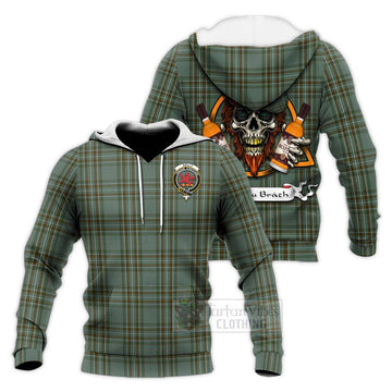 Kelly Tartan Knitted Hoodie with Family Crest and Bearded Skull Holding Bottles of Whiskey