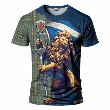 Kelly Tartan Family Crest T-Shirt with Scottish Majestic Lion