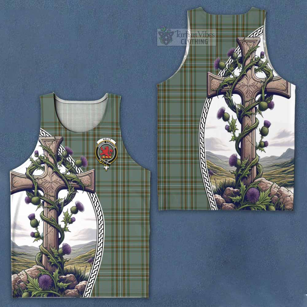 Tartan Vibes Clothing Kelly Tartan Men's Tank Top with Family Crest and St. Andrew's Cross Accented by Thistle Vines