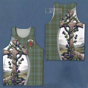 Kelly Tartan Men's Tank Top with Family Crest and St. Andrew's Cross Accented by Thistle Vines