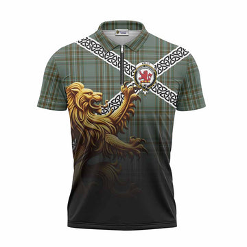 Kelly Crest Tartan Zipper Polo Shirt with Golden Lion Emblem Celtic Style Unisex - Tartan Vibes Clothing