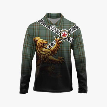 Kelly Crest Tartan Long Sleeve Polo Shirt with Golden Lion Emblem Celtic Style Unisex - Tartan Vibes Clothing