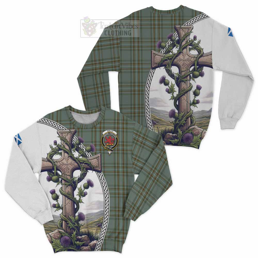 Tartan Vibes Clothing Kelly Tartan Sweatshirt with Family Crest and St. Andrew's Cross Accented by Thistle Vines