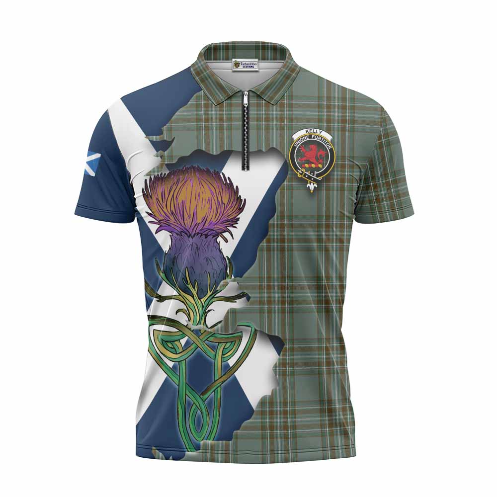 Kelly Tartan Family Crest Zipper Polo Shirt Scottish Thistle Celtic Inspired Unisex - Tartan Vibes Clothing