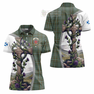 Kelly Tartan Women's Polo Shirt with Family Crest and St. Andrew's Cross Accented by Thistle Vines