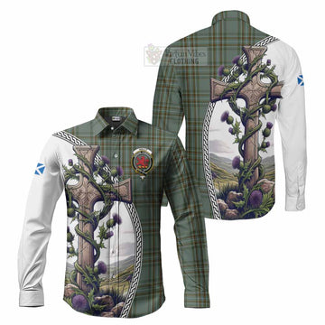 Kelly Tartan Long Sleeve Button Shirt with Family Crest and St. Andrew's Cross Accented by Thistle Vines