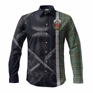 Kelly Tartan Long Sleeve Button Shirt with Family Crest Cross Sword Thistle Celtic Vibes Men's Shirt S - Tartan Vibes Clothing