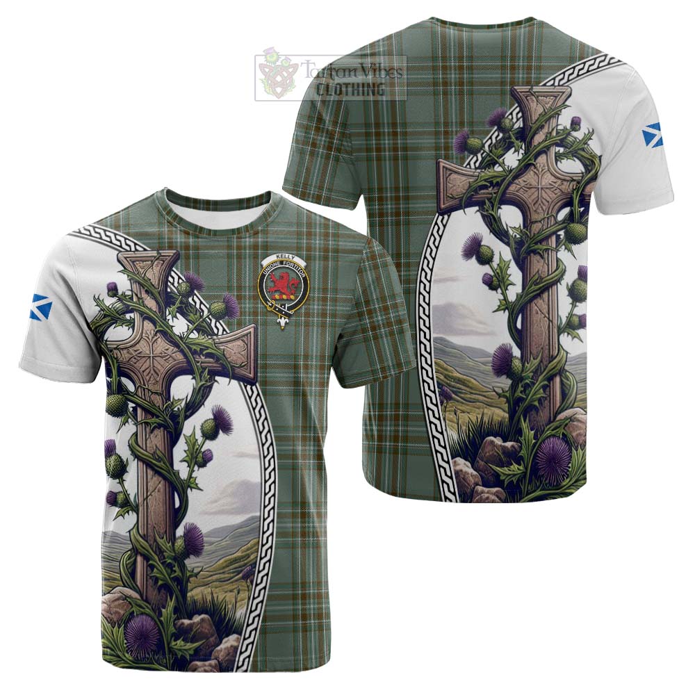 Tartan Vibes Clothing Kelly Tartan Cotton T-shirt with Family Crest and St. Andrew's Cross Accented by Thistle Vines