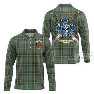 Kelly Tartan Long Sleeve Polo Shirt with Family Crest Celtic Skull Style Unisex - Tartan Vibes Clothing