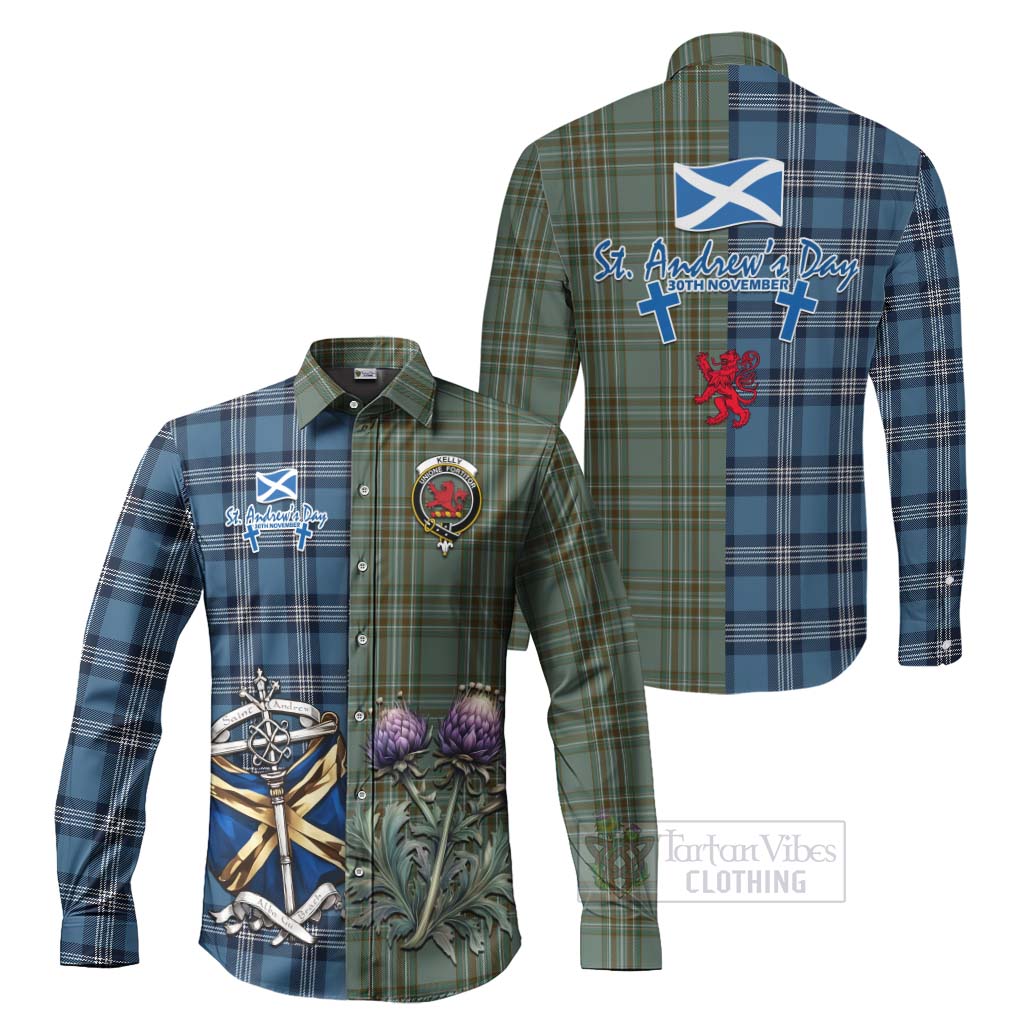 Tartan Vibes Clothing Kelly Tartan Long Sleeve Button Shirt Happy St. Andrew's Day Half Tartan Style