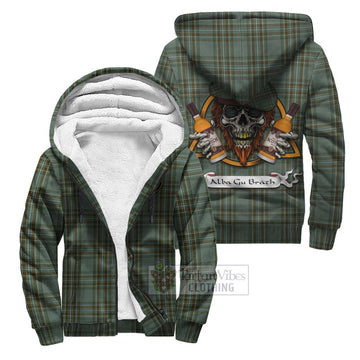 Kelly Tartan Sherpa Hoodie with Family Crest and Bearded Skull Holding Bottles of Whiskey