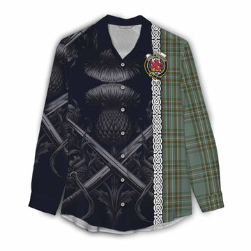 Kelly Tartan Women's Casual Shirt with Family Crest Cross Sword Thistle Celtic Vibes Female - Tartan Vibes Clothing