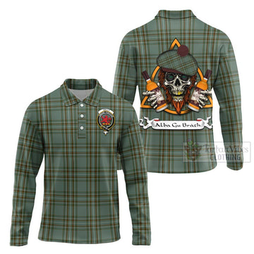 Kelly Tartan Long Sleeve Polo Shirt with Family Crest and Bearded Skull Holding Bottles of Whiskey Unisex - Tartan Vibes Clothing