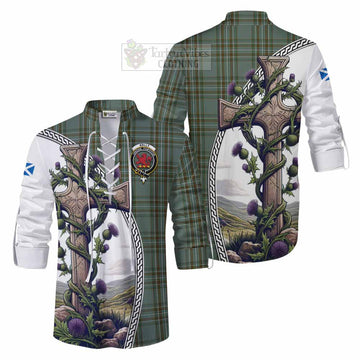 Kelly Tartan Ghillie Kilt Shirt with Family Crest and St. Andrew's Cross Accented by Thistle Vines Men - Tartan Vibes Clothing