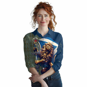 Kelly Tartan Family Crest Women's Casual Shirt with Scottish Majestic Lion