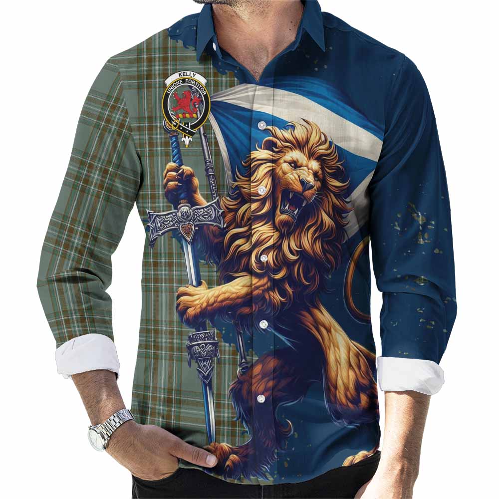 Tartan Vibes Clothing Kelly Tartan Family Crest Long Sleeve Button Shirt with Scottish Majestic Lion