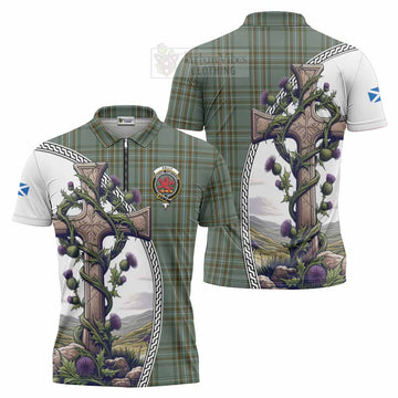 Kelly Tartan Zipper Polo Shirt with Family Crest and St. Andrew's Cross Accented by Thistle Vines Unisex - Tartan Vibes Clothing