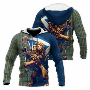 Kelly Tartan Family Crest Knitted Hoodie with Scottish Majestic Lion