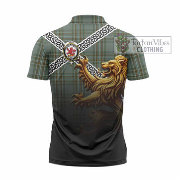 Kelly Crest Tartan Zipper Polo Shirt with Golden Lion Emblem Celtic Style - Tartan Vibes Clothing