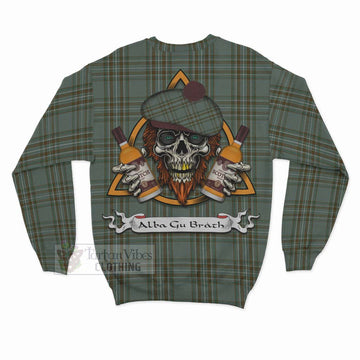 Kelly Tartan Sweatshirt with Family Crest and Bearded Skull Holding Bottles of Whiskey