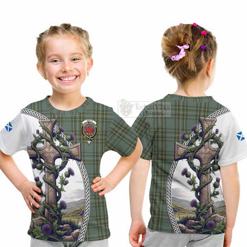 Kelly Tartan Kid T-Shirt with Family Crest and St. Andrew's Cross Accented by Thistle Vines