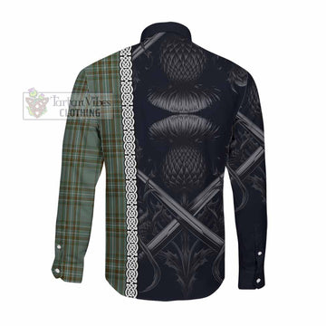 Kelly Tartan Long Sleeve Button Shirt with Family Crest Cross Sword Thistle Celtic Vibes Men's Shirt - Tartan Vibes Clothing