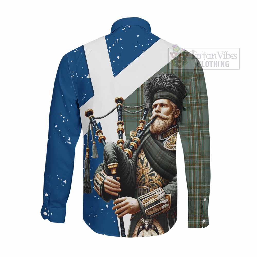 Tartan Vibes Clothing Kelly Tartan Long Sleeve Button Shirt with Family Crest Scottish Bagpiper Vibes