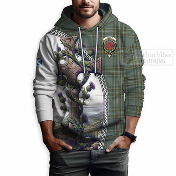 Kelly Tartan Hoodie with Family Crest and St. Andrew's Cross Accented by Thistle Vines