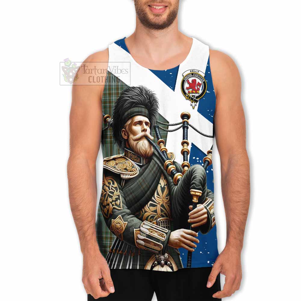 Kelly Tartan Men's Tank Top with Family Crest Scottish Bagpiper Vibes