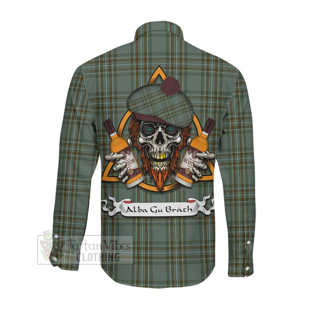 Tartan Vibes Clothing Kelly Tartan Long Sleeve Button Shirt with Family Crest and Bearded Skull Holding Bottles of Whiskey