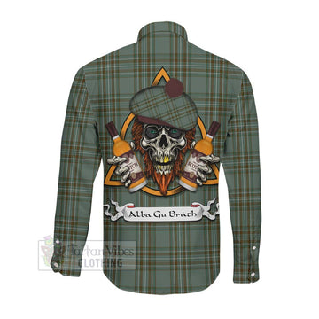 Kelly Tartan Long Sleeve Button Shirt with Family Crest and Bearded Skull Holding Bottles of Whiskey