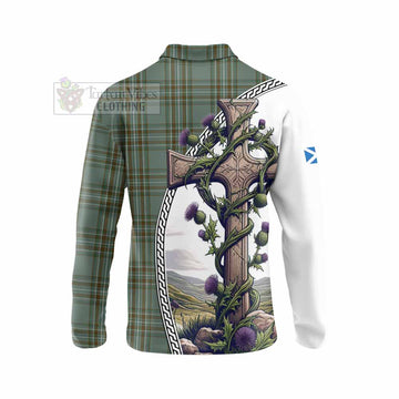 Kelly Tartan Long Sleeve Polo Shirt with Family Crest and St. Andrew's Cross Accented by Thistle Vines - Tartan Vibes Clothing