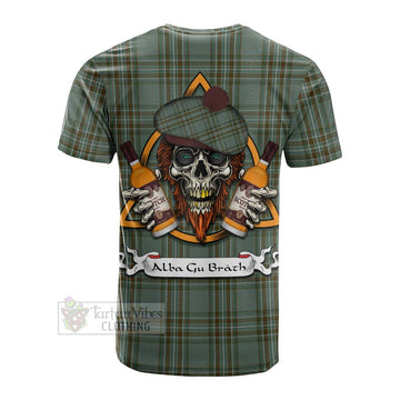 Kelly Tartan Cotton T-shirt with Family Crest and Bearded Skull Holding Bottles of Whiskey - Tartan Vibes Clothing