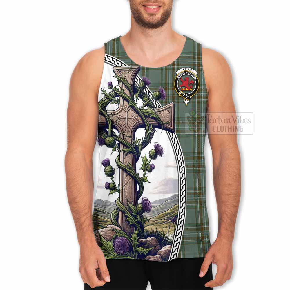 Tartan Vibes Clothing Kelly Tartan Men's Tank Top with Family Crest and St. Andrew's Cross Accented by Thistle Vines