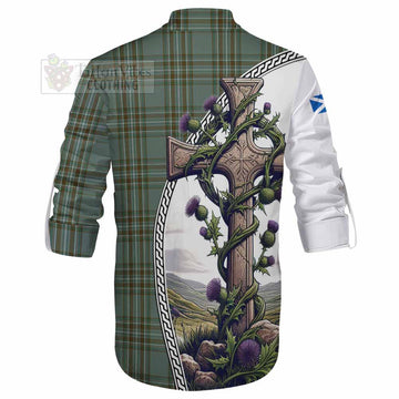Kelly Tartan Ghillie Kilt Shirt with Family Crest and St. Andrew's Cross Accented by Thistle Vines - Tartan Vibes Clothing