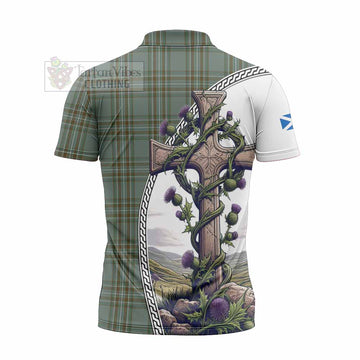 Kelly Tartan Zipper Polo Shirt with Family Crest and St. Andrew's Cross Accented by Thistle Vines - Tartan Vibes Clothing