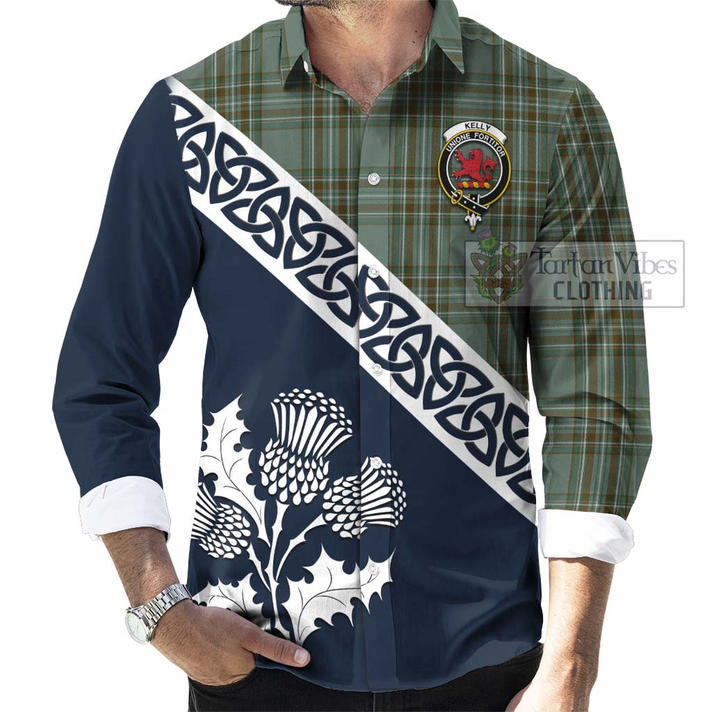 Tartan Vibes Clothing Kelly Tartan Long Sleeve Button Shirt Featuring Thistle and Scotland Map