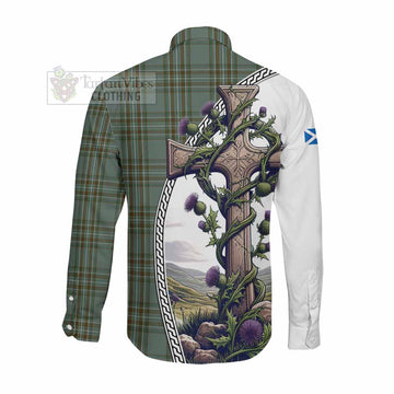 Kelly Tartan Long Sleeve Button Shirt with Family Crest and St. Andrew's Cross Accented by Thistle Vines