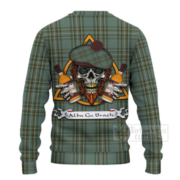 Kelly Tartan Ugly Sweater with Family Crest and Bearded Skull Holding Bottles of Whiskey