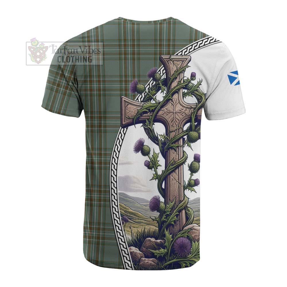 Tartan Vibes Clothing Kelly Tartan Cotton T-shirt with Family Crest and St. Andrew's Cross Accented by Thistle Vines